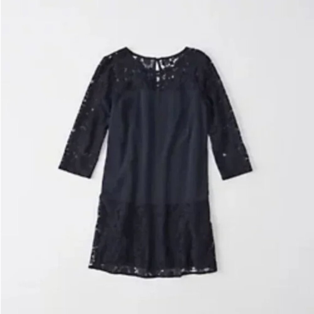 Abercrombie Lace Shift Dress XS Women Navy Blue Mini Illusion 3/4 Sleeves Satin